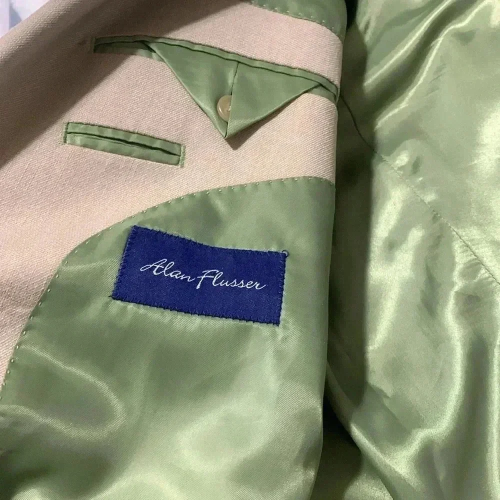 Alan Flusser Mens Tan Two Button Blazer Sport Coat Jacket 44R Gold Crest Buttons